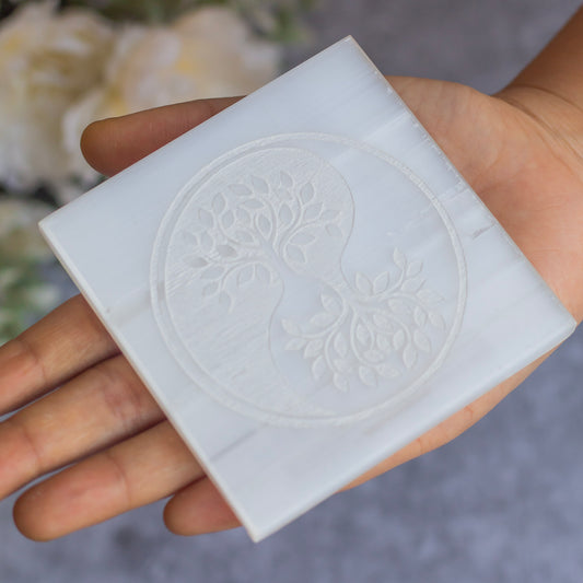 Yin Yang Carved Selenite Plate (Satin Spar Selenite) | Stone for Spiritual work & Cleansing