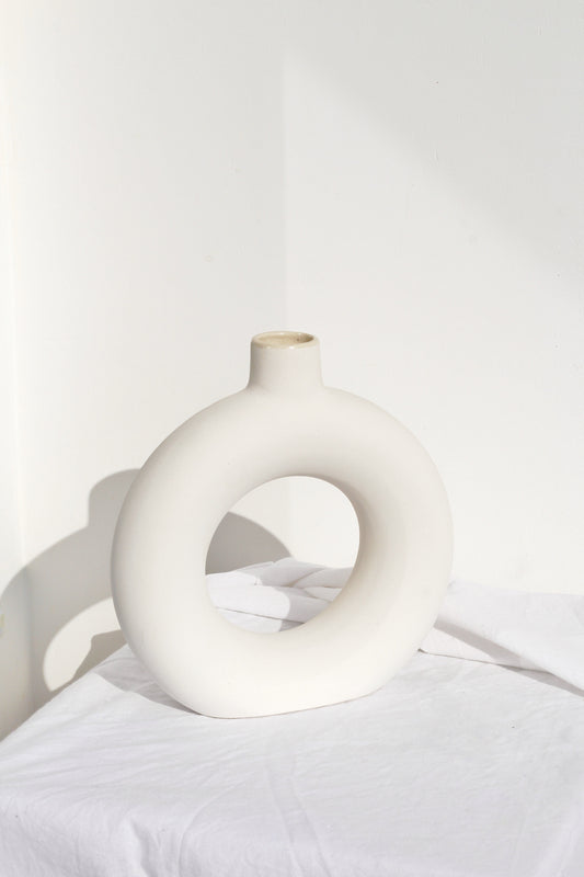 White Ceramic Rustic Matt Minimalist Donut Vase