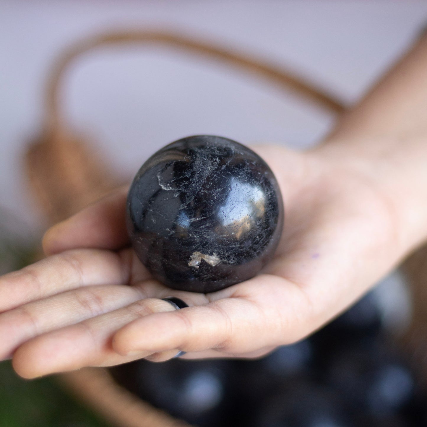 Black Tourmaline Sphere with mica inclusion | Stone of Protection