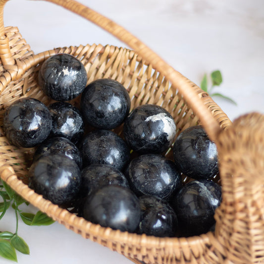 Black Tourmaline Sphere with mica inclusion | Stone of Protection