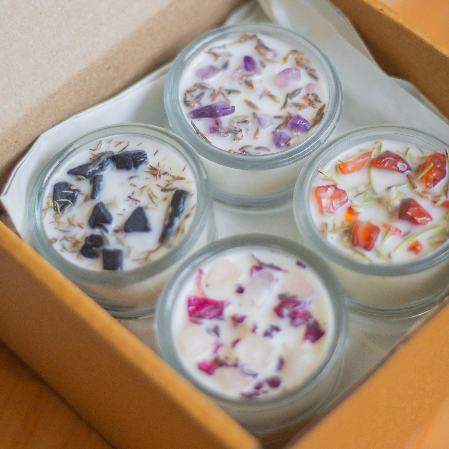 Crystal & Herbs infused Scented Soy Wax Tealight Candles Combo - Set of 8 | Glass Container