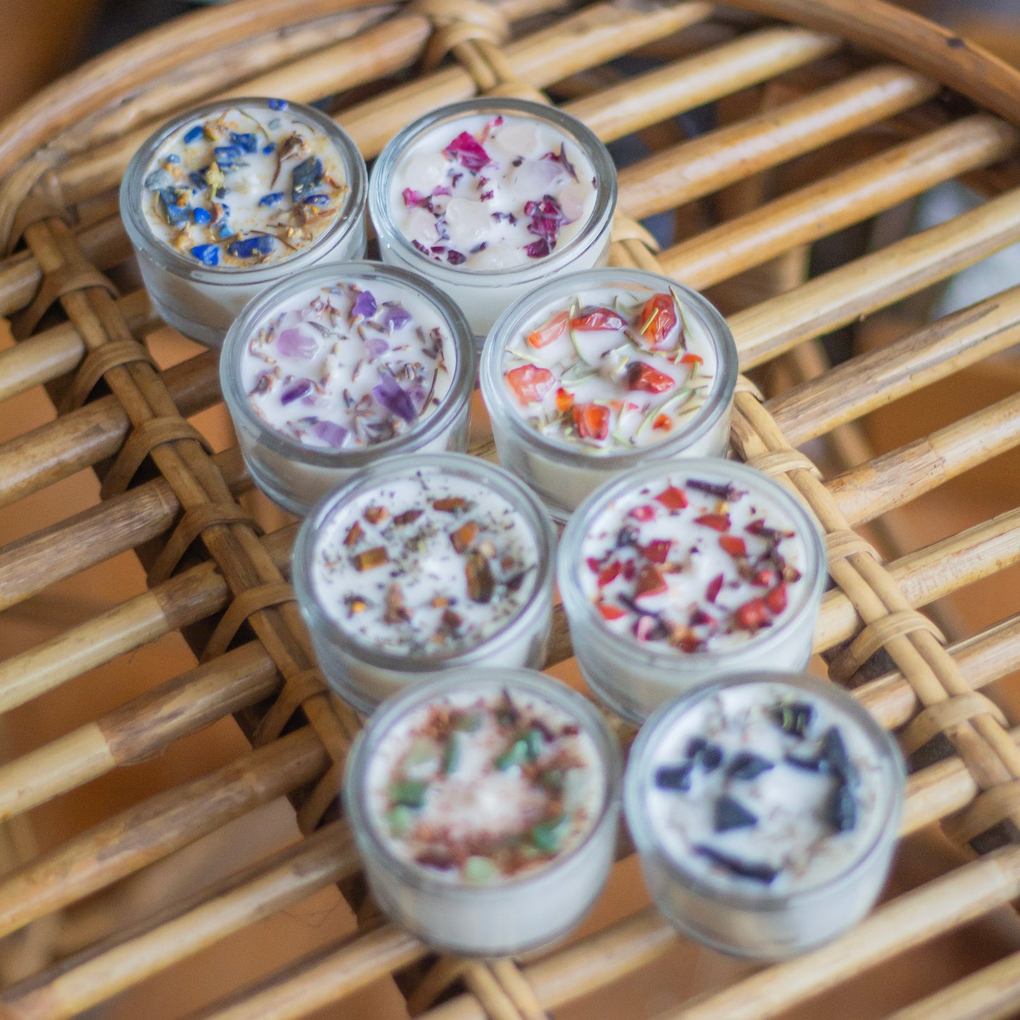 Crystal & Herbs infused Scented Soy Wax Tealight Candles Combo - Set of 8 | Glass Container