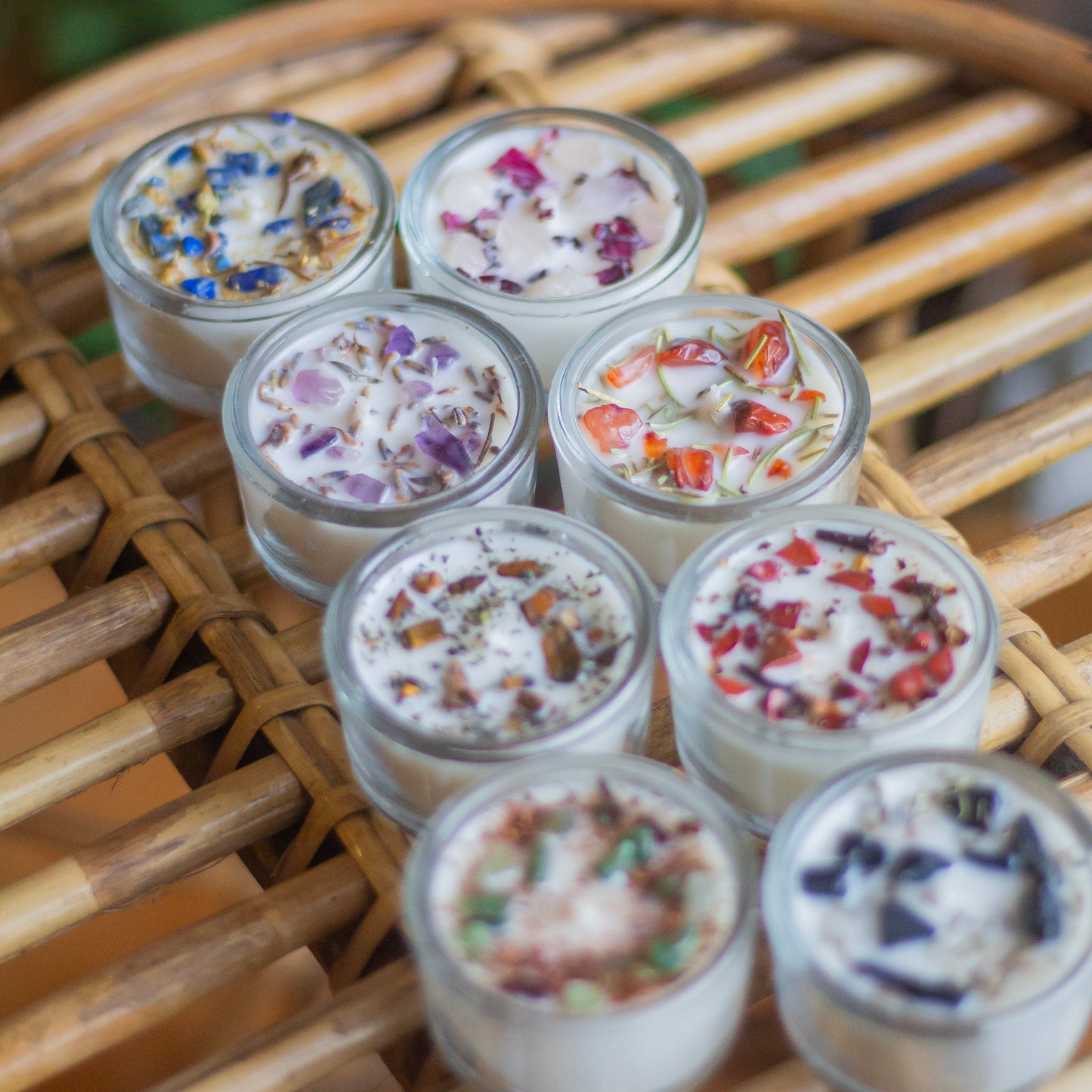 Crystal & Herbs infused Scented Soy Wax Tealight Candles Combo - Set of 8 | Glass Container