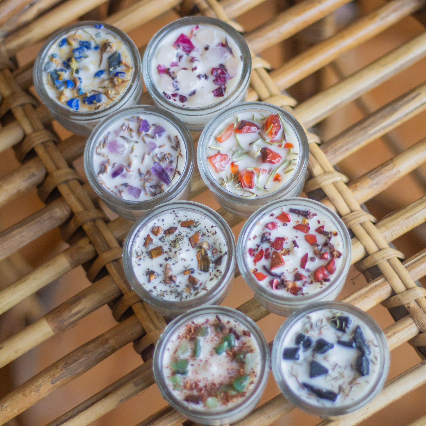 Crystal & Herbs infused Scented Soy Wax Tealight Candles Combo - Set of 8 | Glass Container
