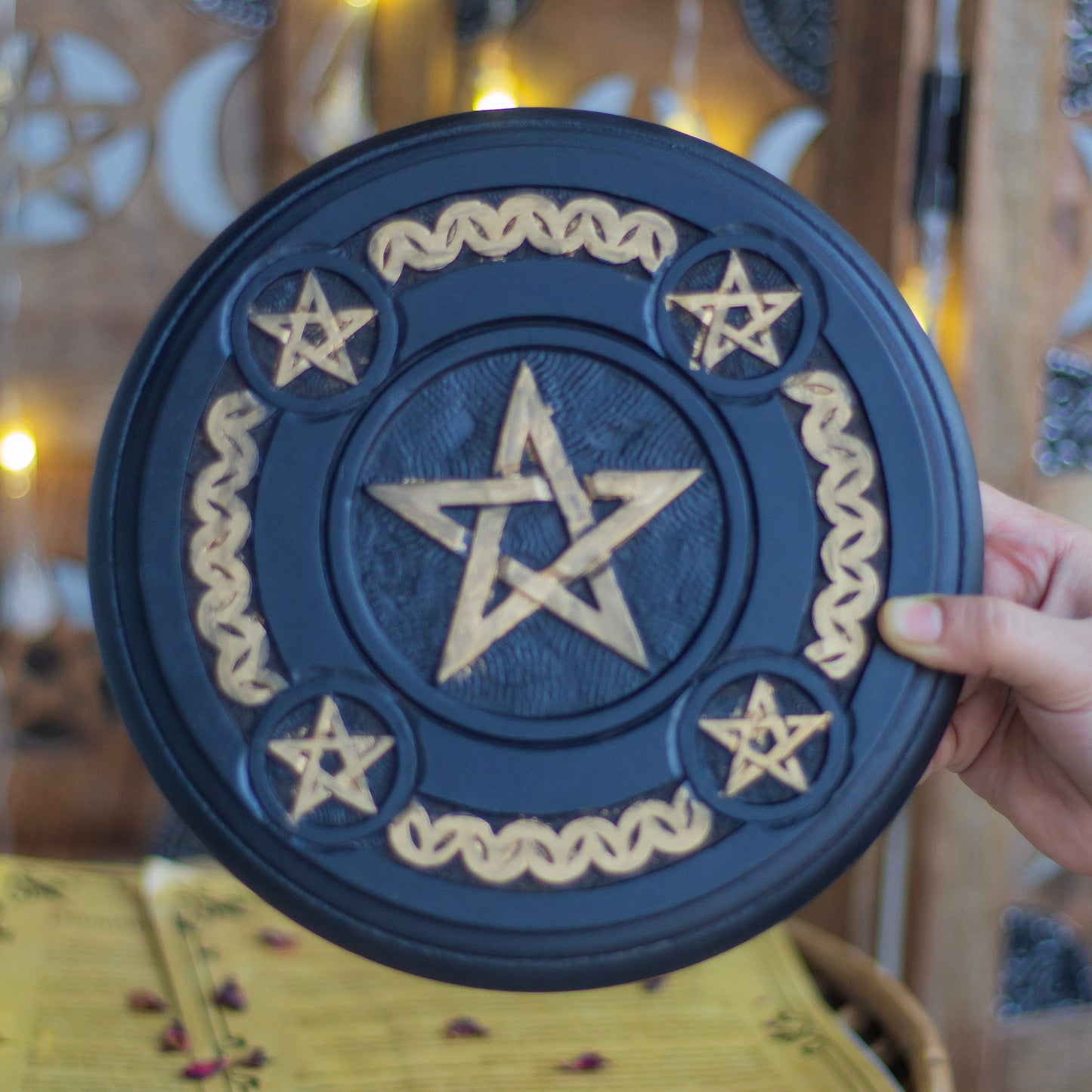 Pentacle Carved Black Wooden Altar Tile | Altar Decor