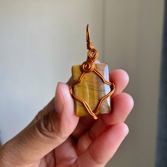 Tiger's Eye Copper wire wrapped Pendant with Cord | Wealth & Fortune
