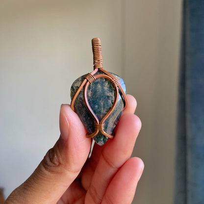 Moss Agate Copper Wire wrapped Pendant with Cord | Promotes wealth and business growth
