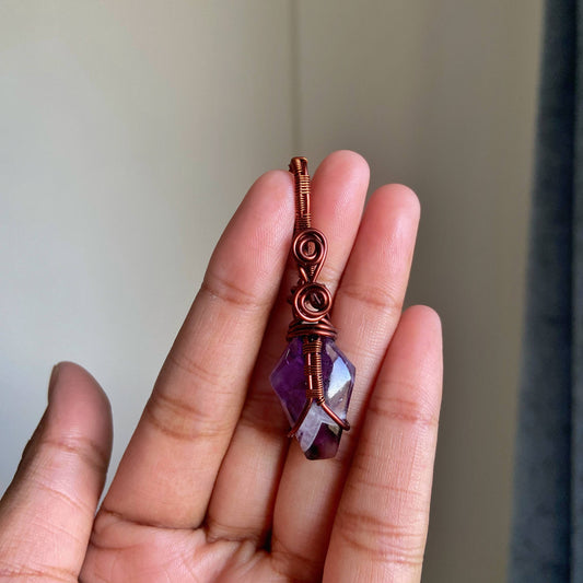 Amethyst Copper wire wrapped Pendant with Cord | Helps activating Third Eye & Psychic abilities