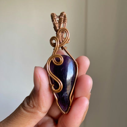 Amethyst Copper wire wrapped Pendant with Cord | Helps activating Third Eye & Psychic abilities