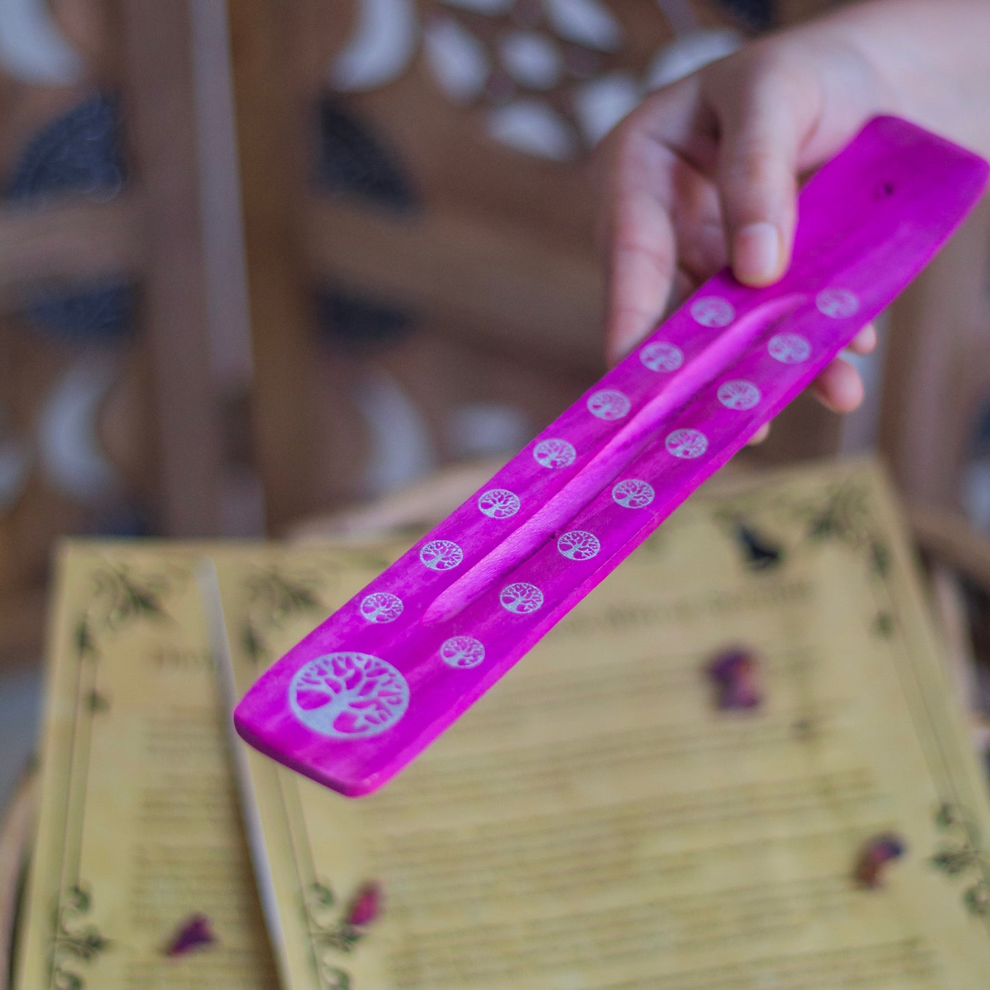 Pink wooden Incense Stick Holder with the print of Tree of Life