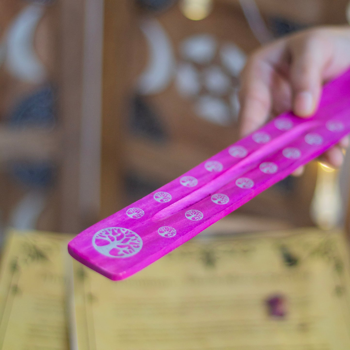 Pink wooden Incense Stick Holder with the print of Tree of Life