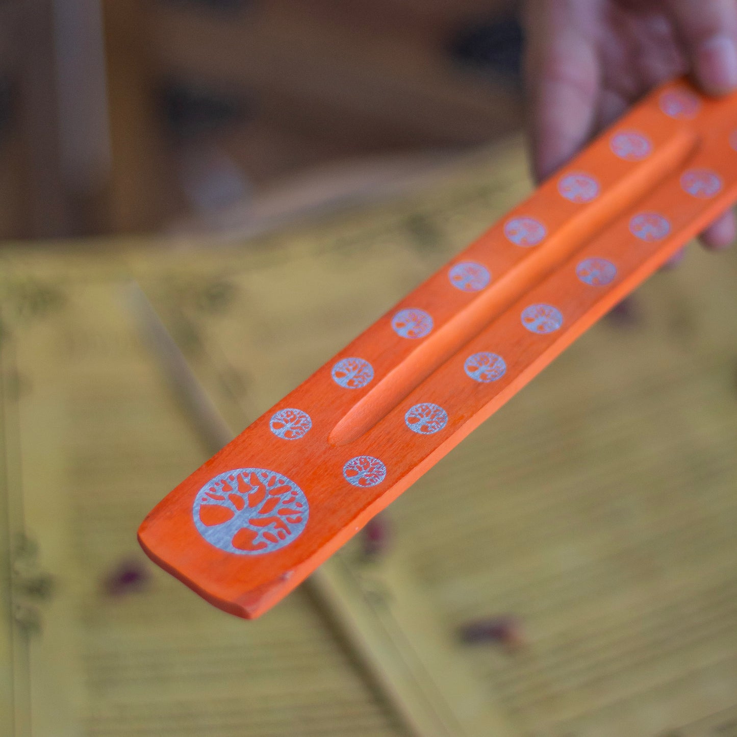 Orange wooden Incense Stick Holder with the print of Tree of Life