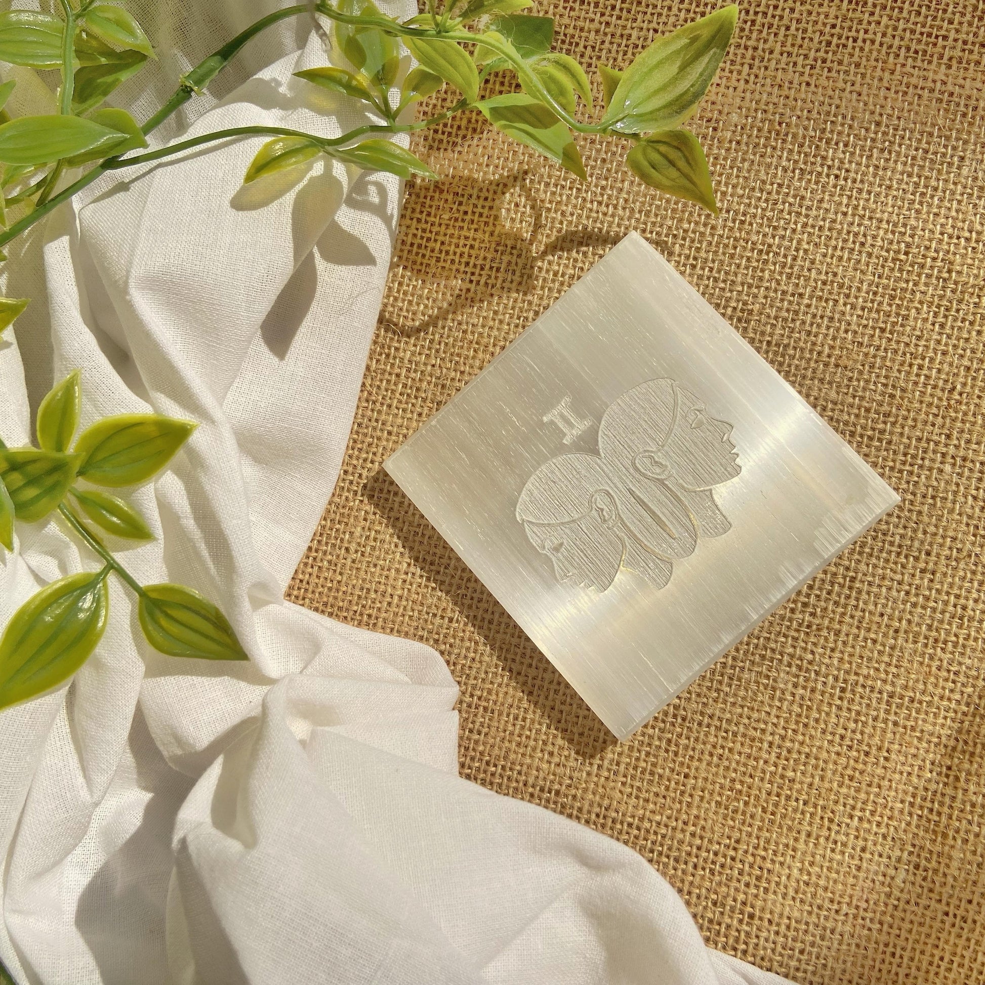 Gemini Zodiac Carved Selenite Plate - 3 Inches Crystals & Stones