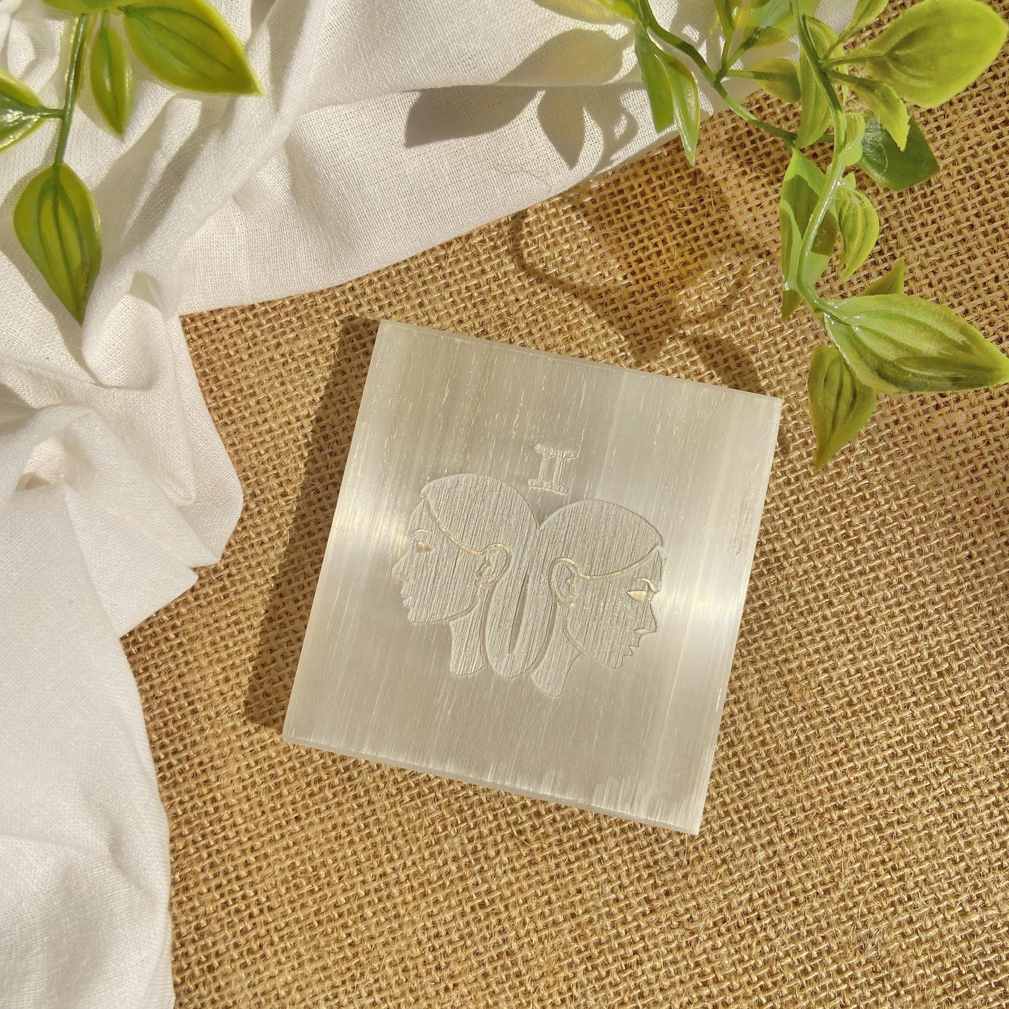 Gemini Zodiac Carved Selenite Plate - 3 Inches Crystals & Stones