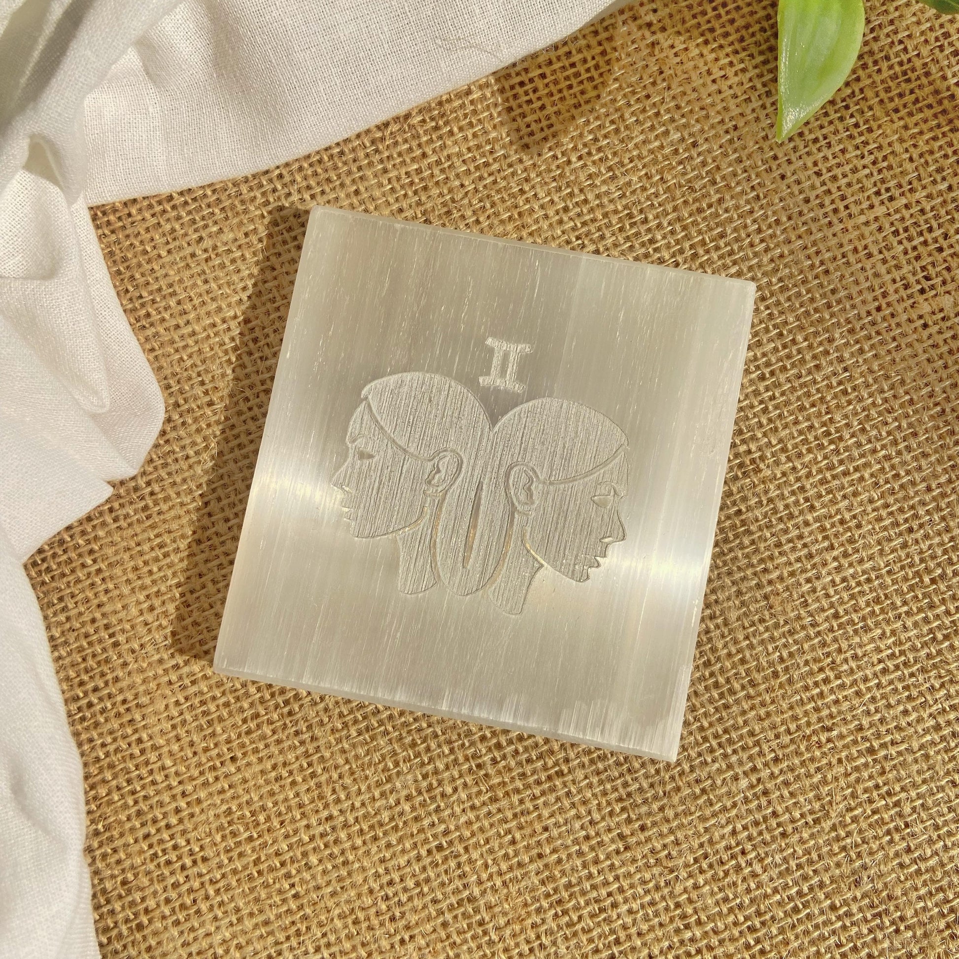 Gemini Zodiac Carved Selenite Plate - 3 Inches Crystals & Stones