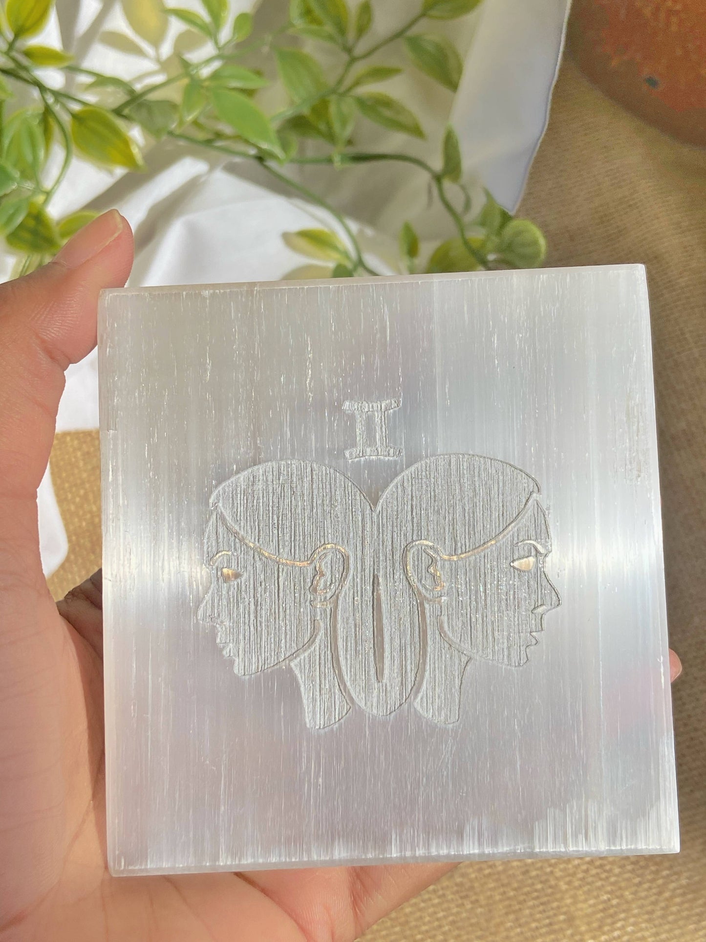 Gemini Zodiac Carved Selenite Plate - 3 Inches Crystals & Stones