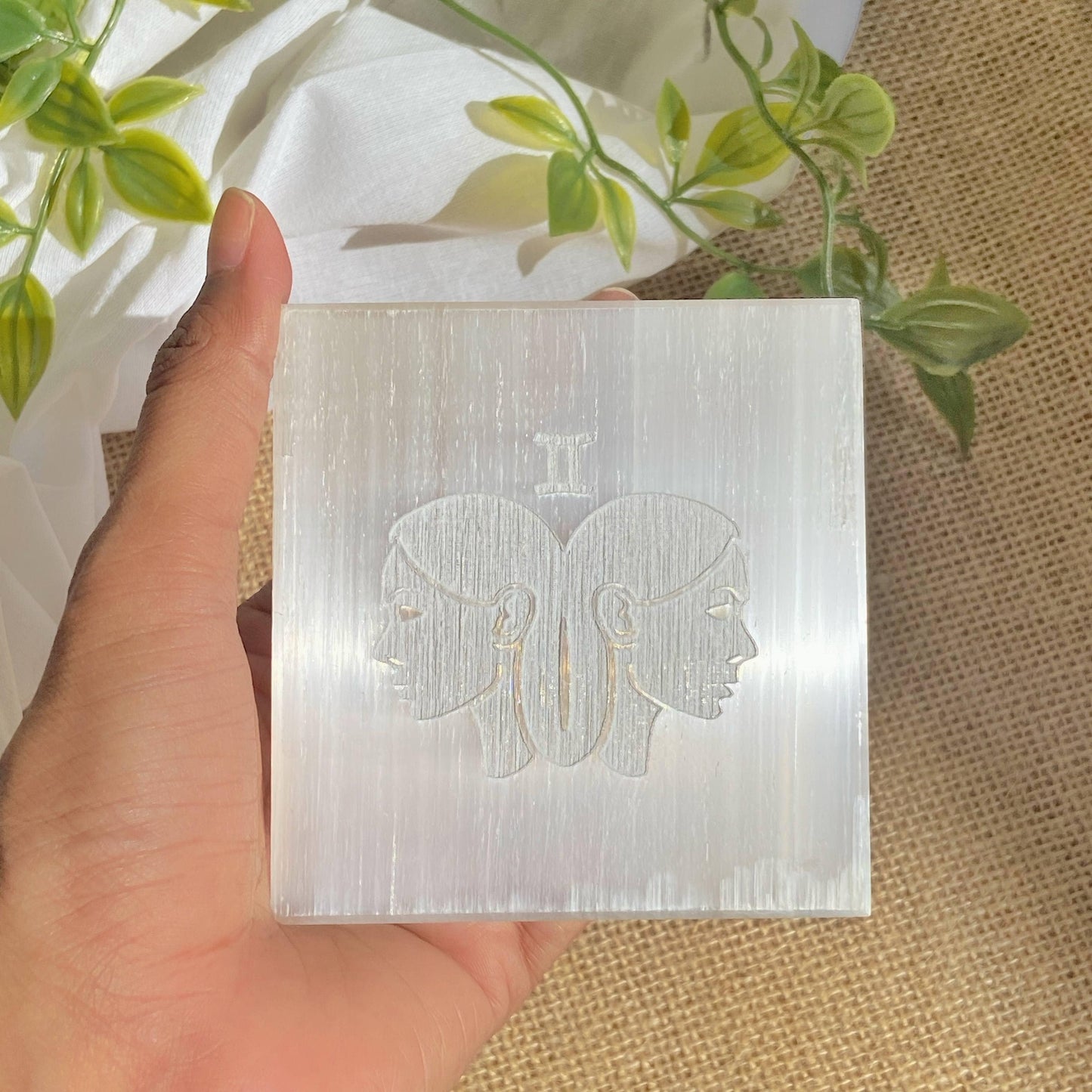 Gemini Zodiac Carved Selenite Plate - 3 Inches Crystals & Stones