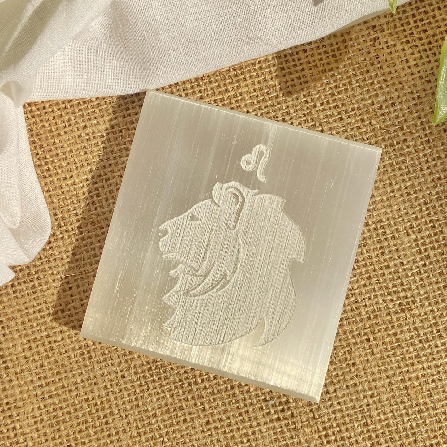 Leo Zodiac Carved Selenite Plate - 3 Inches Crystal & Stones