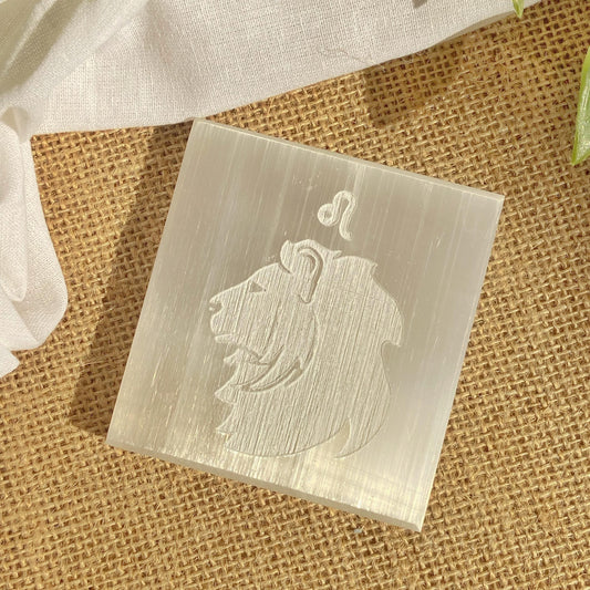 Leo Zodiac Carved Selenite Plate - 3 Inches Crystal & Stones