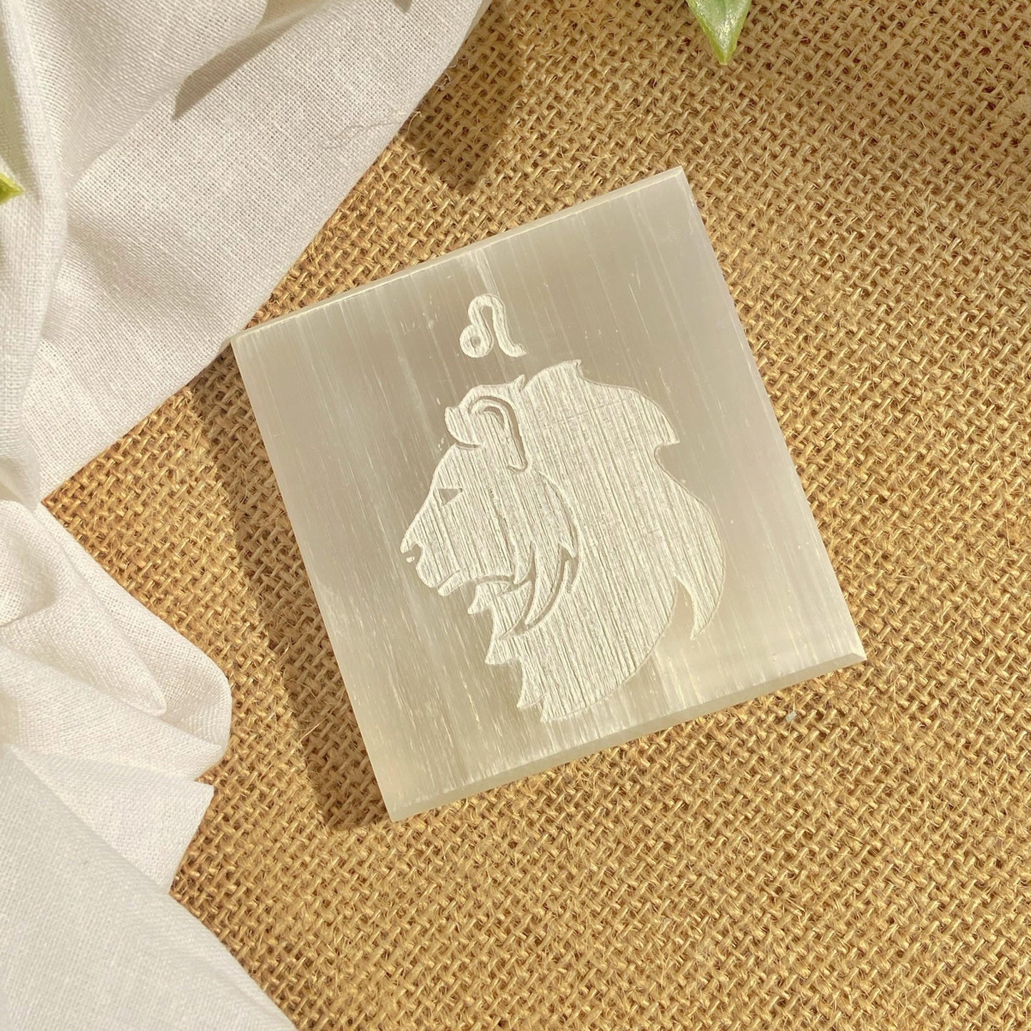 Leo Zodiac Carved Selenite Plate - 3 Inches Crystal & Stones