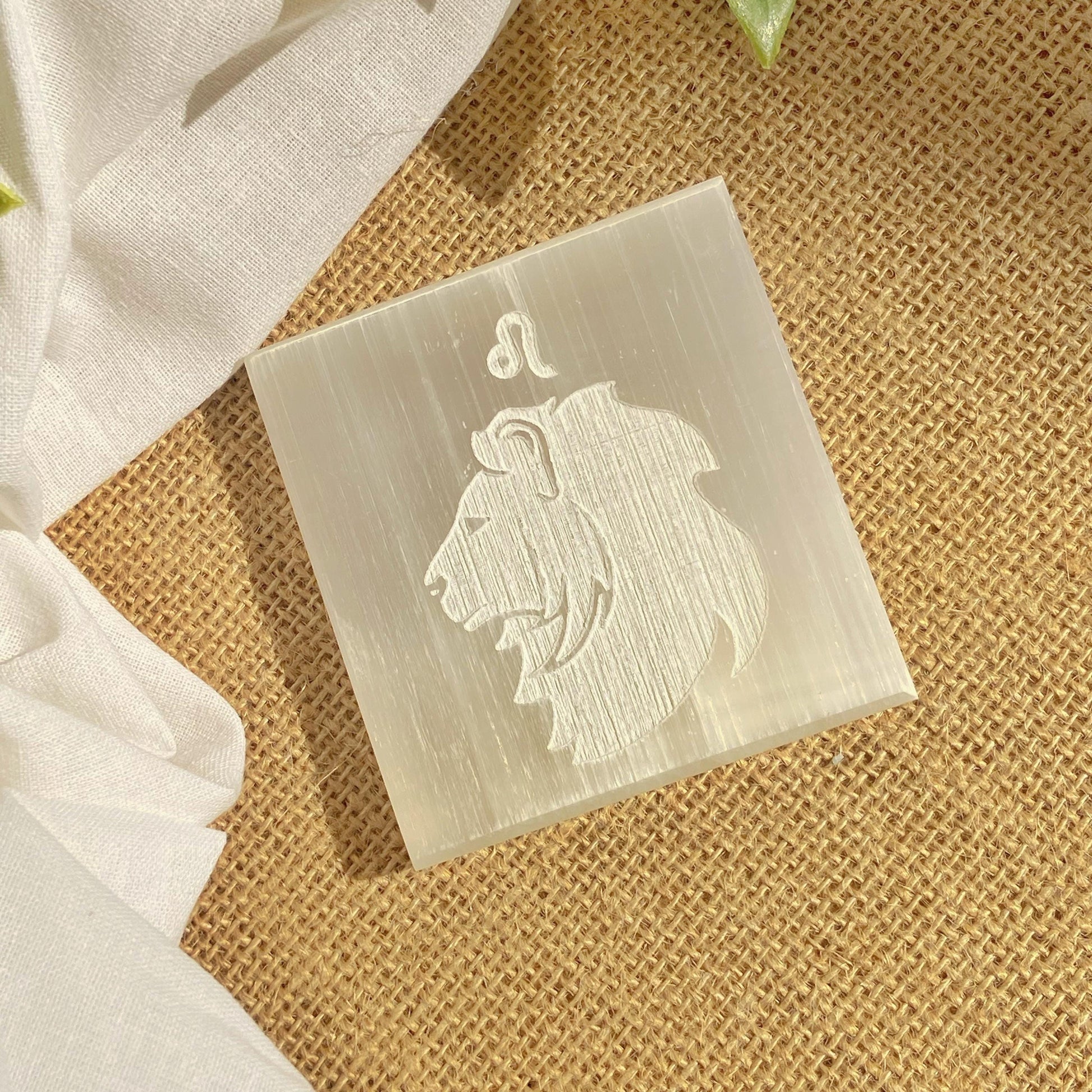 Leo Zodiac Carved Selenite Plate - 3 Inches Crystal & Stones