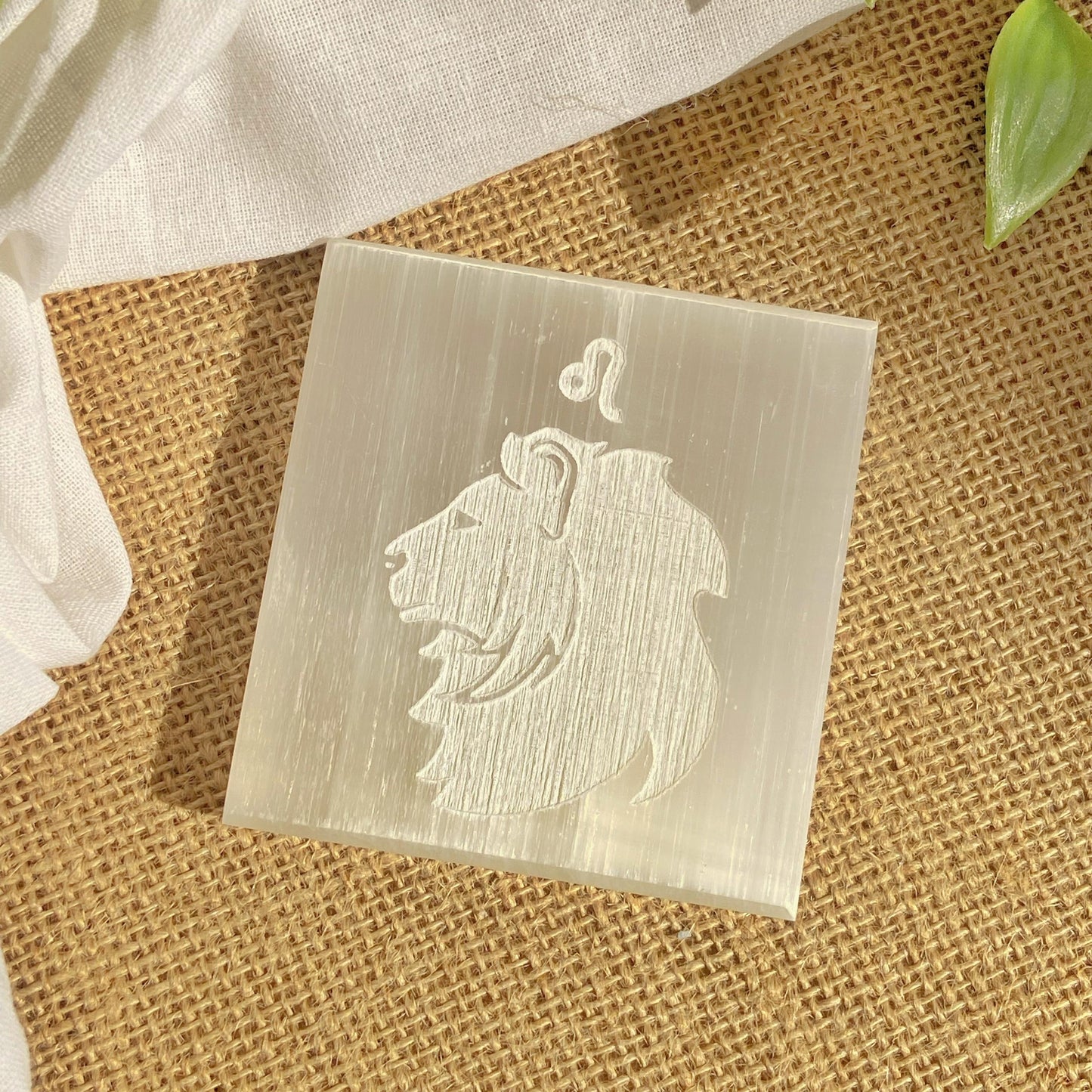 Leo Zodiac Carved Selenite Plate - 3 Inches Crystal & Stones
