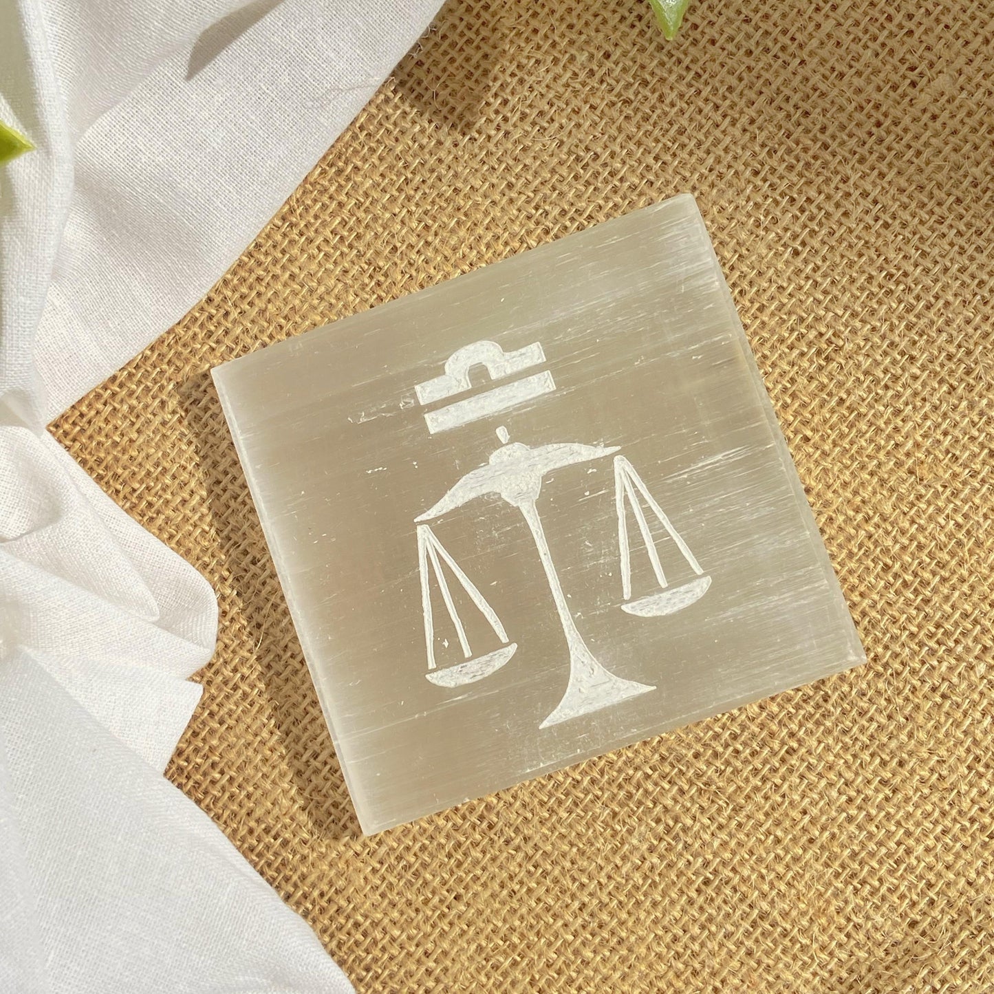 Libra Zodiac Carved Selenite Plate - 3 Inches Crystal & Stones