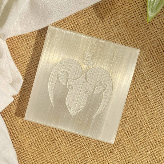 Capricorn Zodiac Carved Selenite Plate - 3 Inches Crystal & Stones