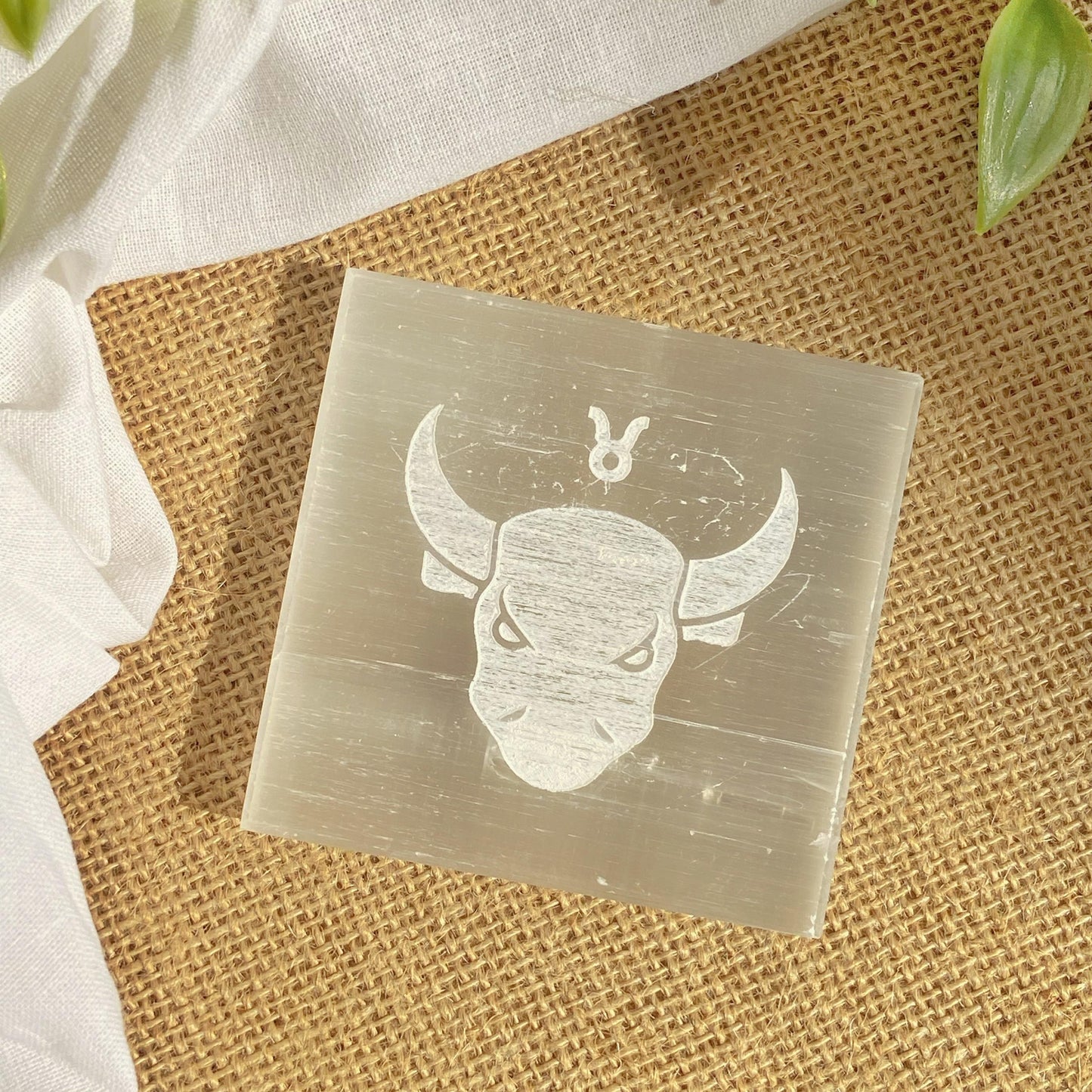 Taurus Zodiac Carved Selenite Plate - 3 Inches Crsytal & Stones