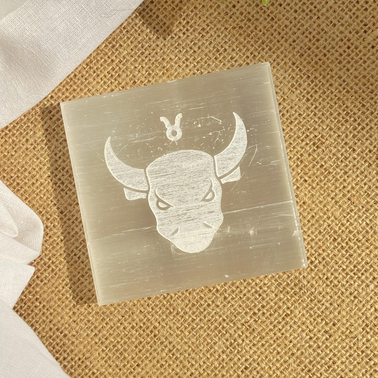 Taurus Zodiac Carved Selenite Plate - 3 Inches Crsytal & Stones