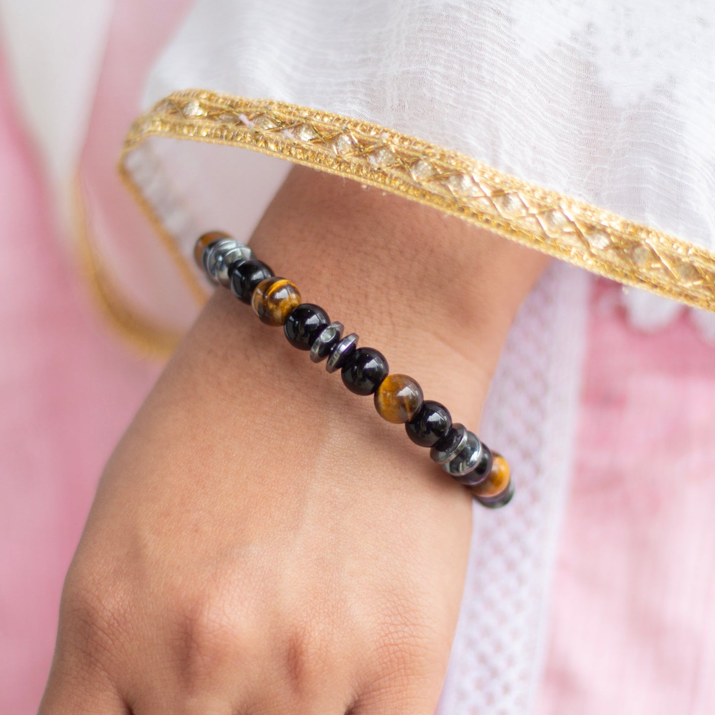 Protection & Grounding Bracelet | Combination of Hematite Chips, Tiger's eye and Black Obsidian