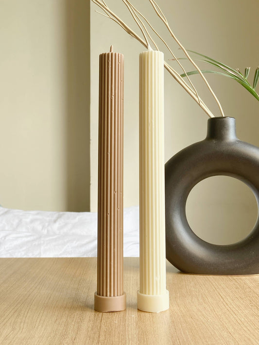 Long Textured Taper Candle | Pack of 2 | Beige & White - 12 Inches