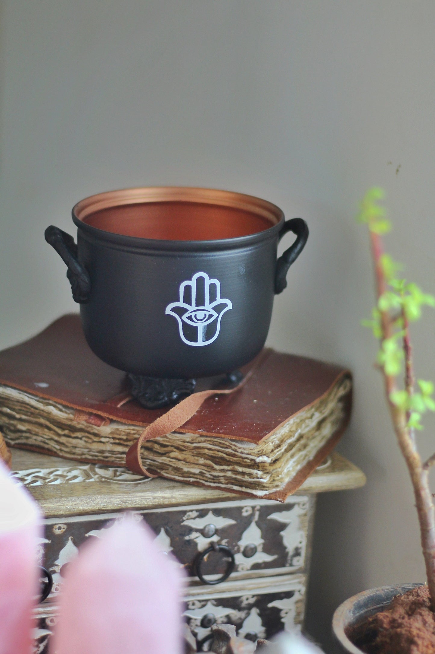 Hamsa Hand Printed Metal Cauldron Altarware | Altar