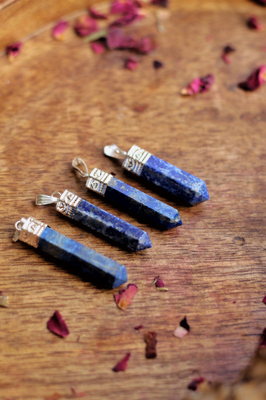 Lapis Lazuli Pencil Pendant With Black Cord Crystal