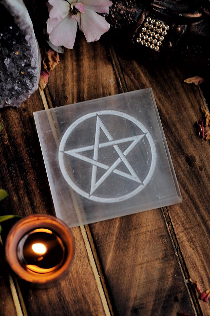 Selenite Plate With Symbol Of Pentacle Crystal