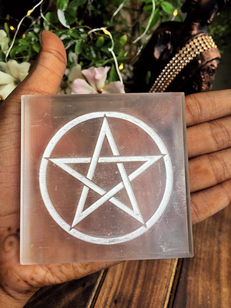 Selenite Plate With Symbol Of Pentacle Crystal