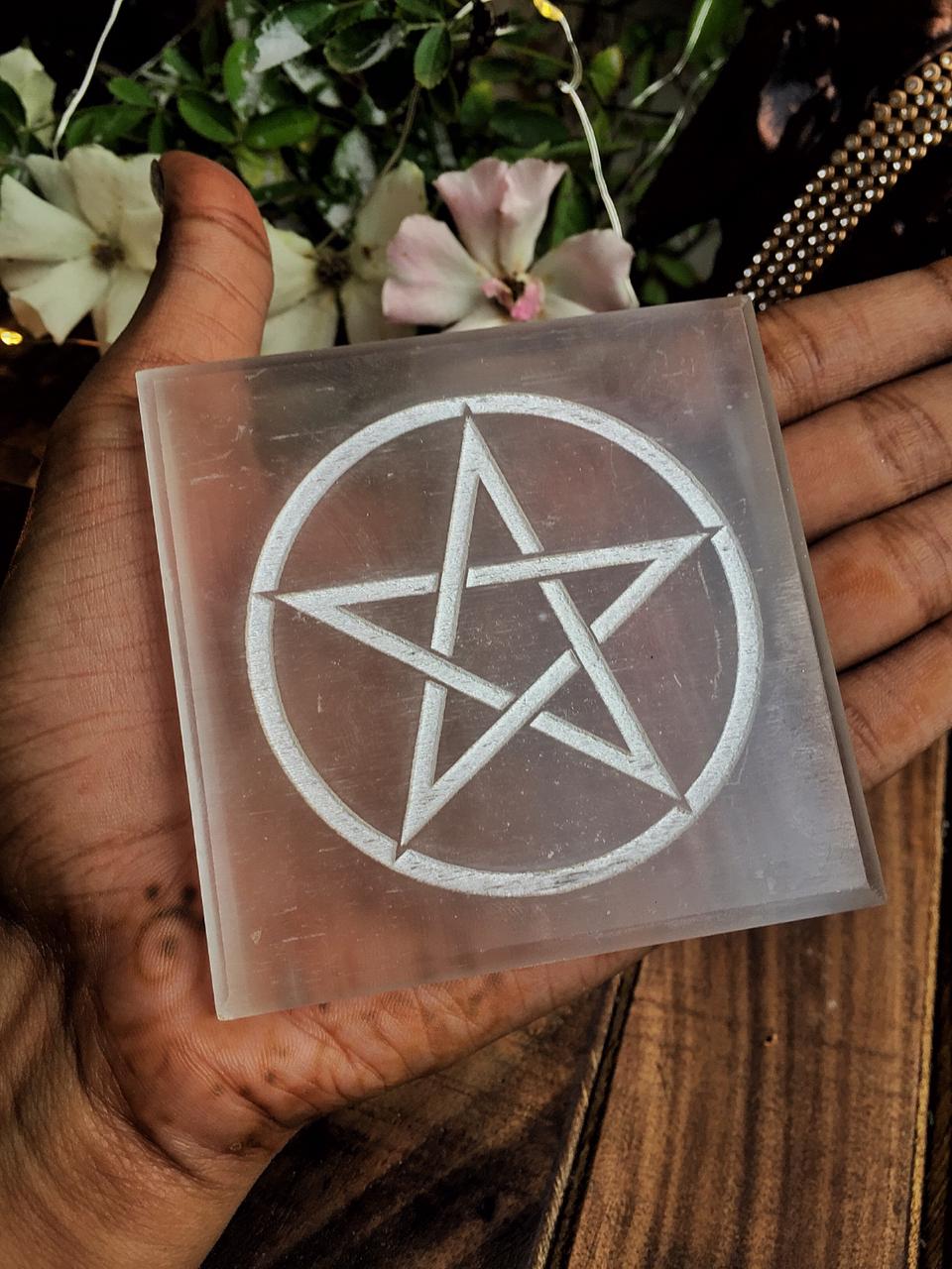 Selenite Plate With Symbol Of Pentacle Crystal