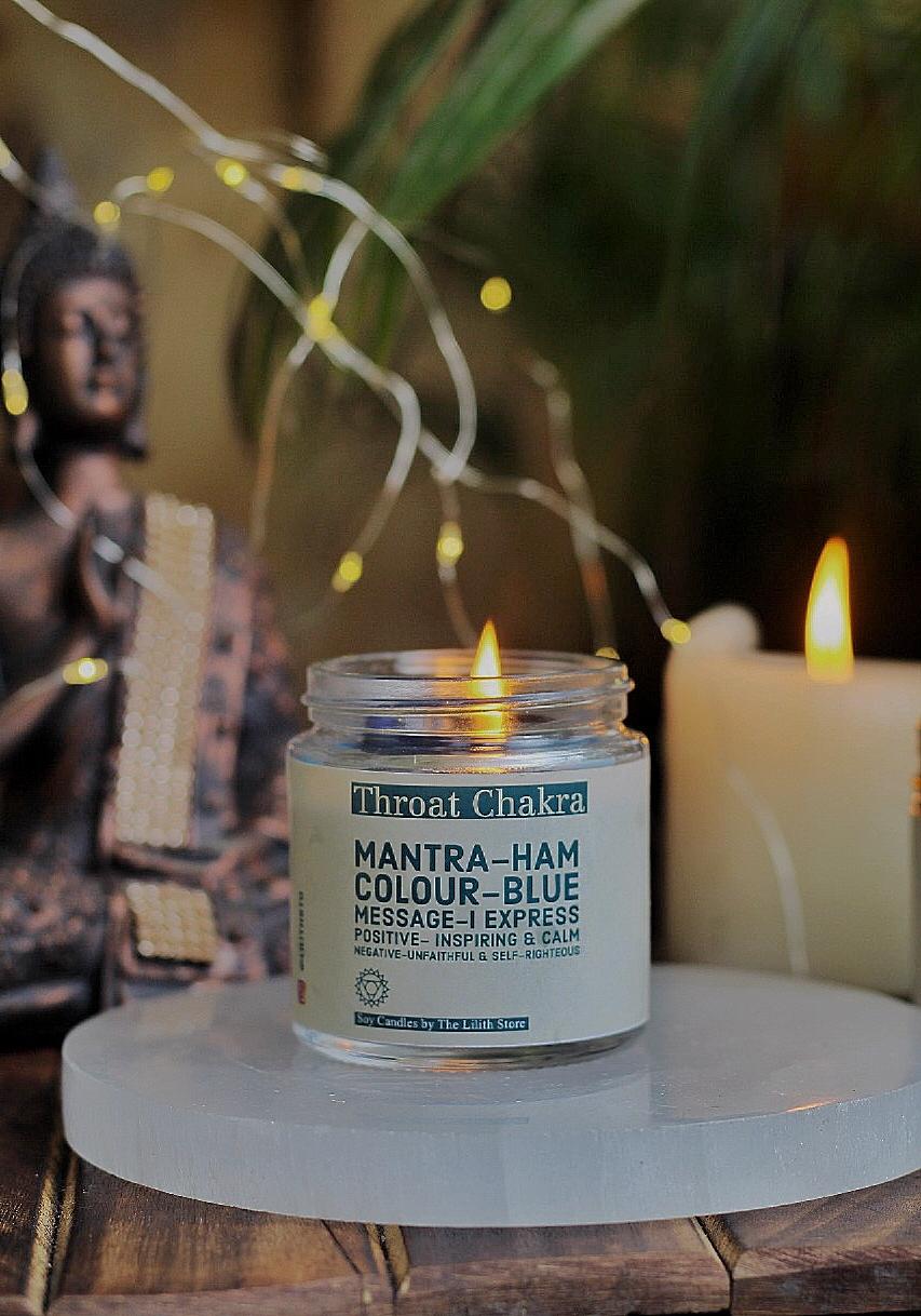 Throat Chakra Scented Candle With Crystal Tumble -Soy Wax - 100 G