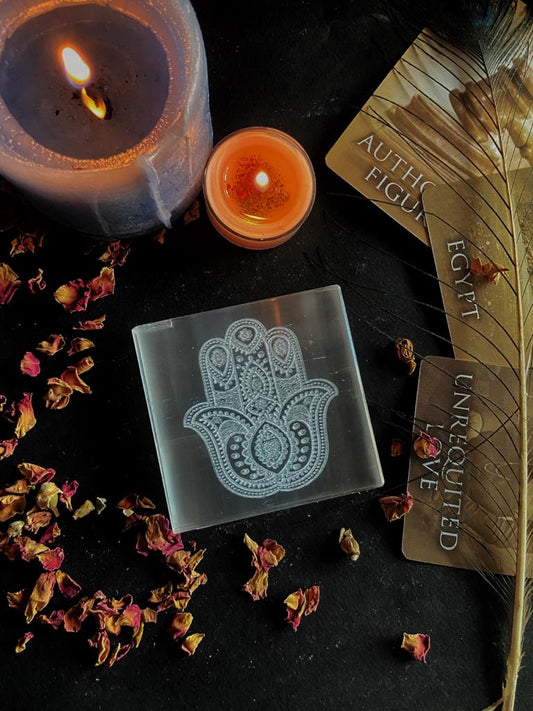 Selenite Plate With Symbol Of Hamsa Crystal