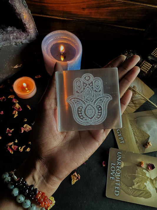 Selenite Plate With Symbol Of Hamsa Crystal