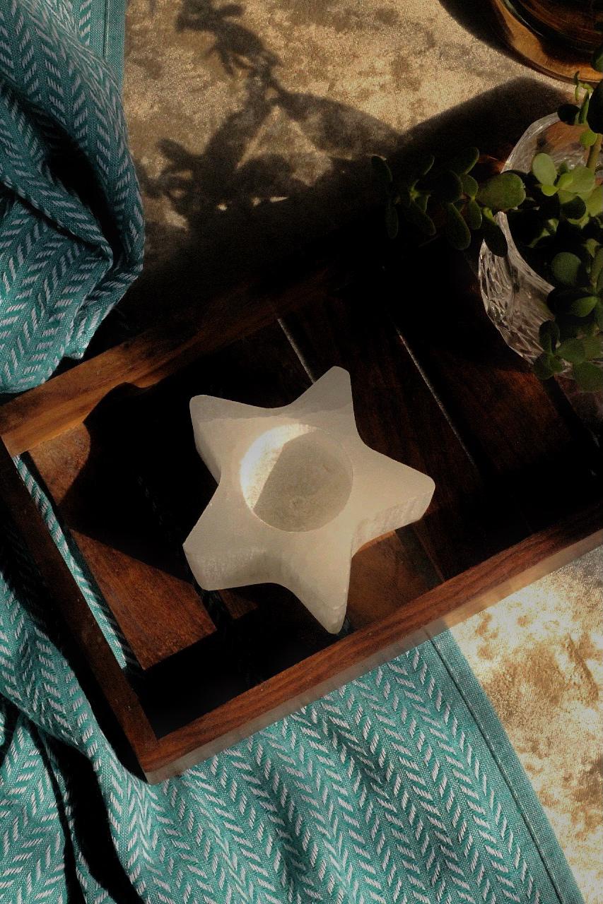 Star Shape Selenite Candle Holder Crystal & Stones