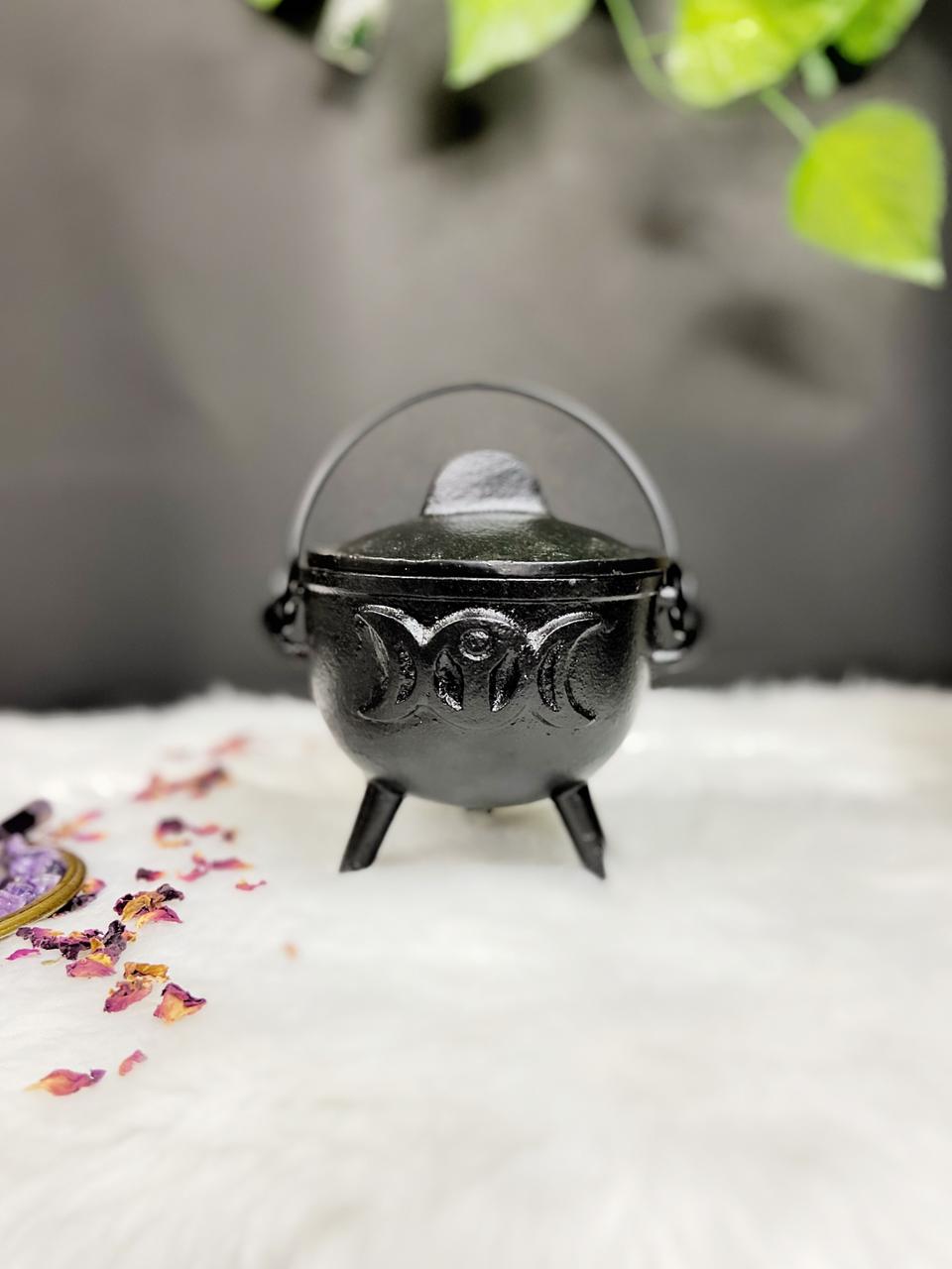 Large Triple Moon Goddess Cast Iron Cauldron With Lid Altarware | Altar