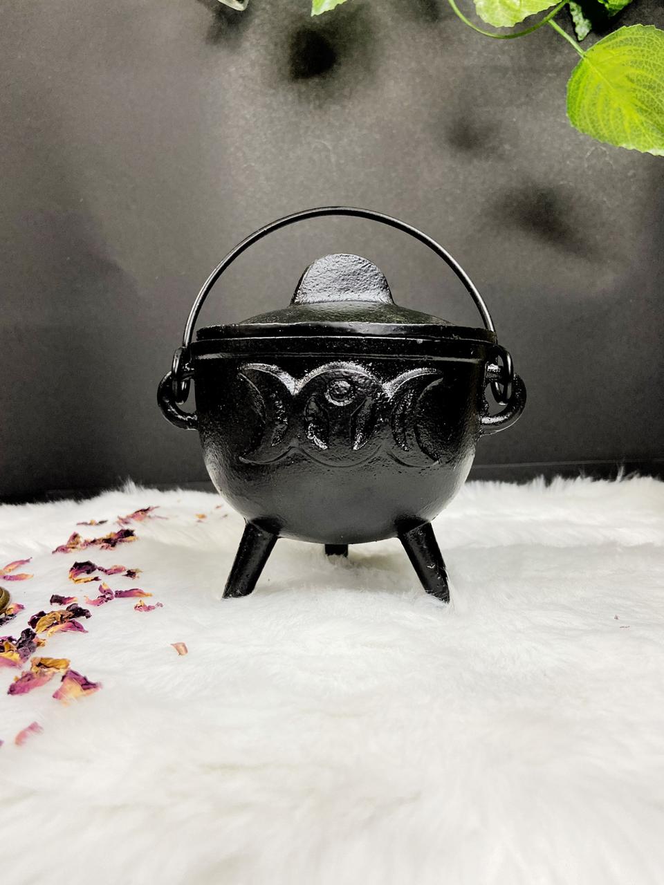 Large Triple Moon Goddess Cast Iron Cauldron With Lid Altarware | Altar