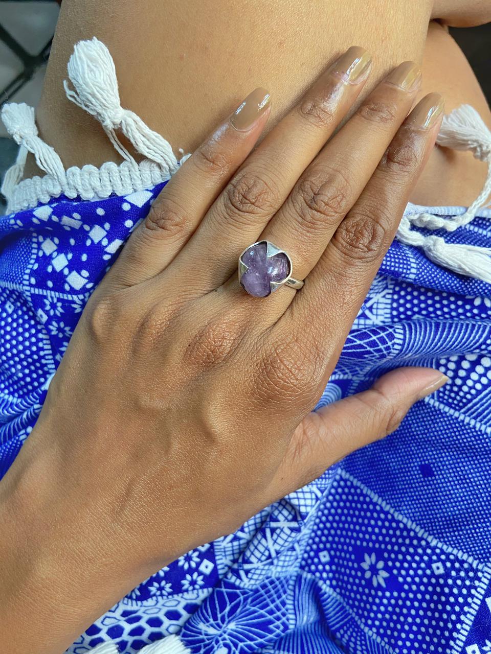 Amethyst Tumble Fine Silver Adjustable Ring Crystal Jewellery