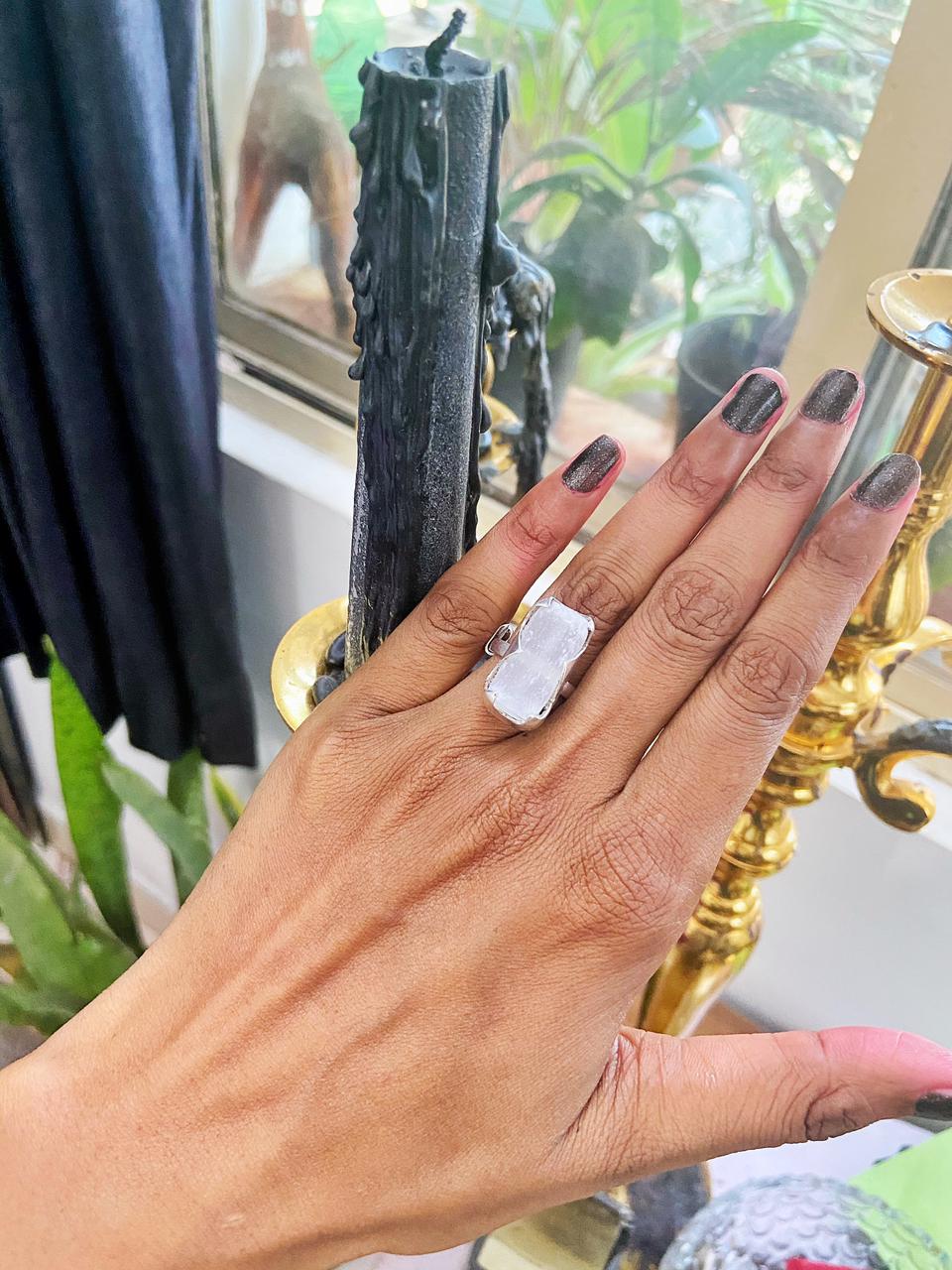 Selenite Silver Adjustable Ring Crystal Jewellery