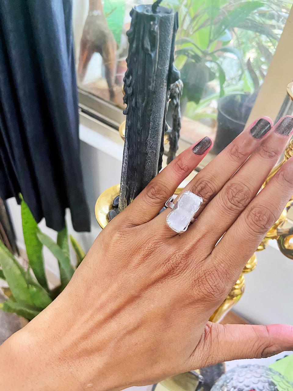 Selenite Silver Adjustable Ring Crystal Jewellery