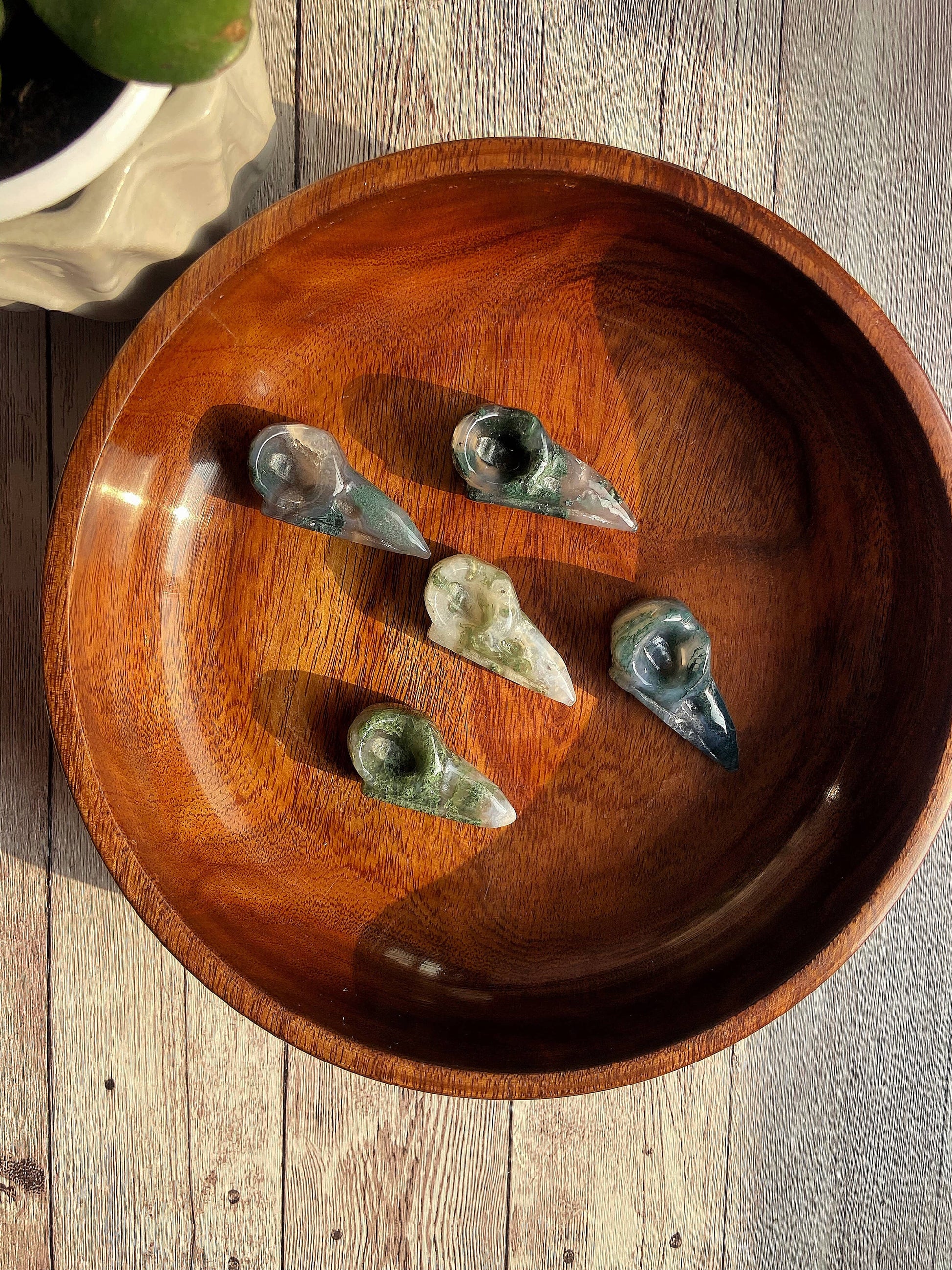 Moss Agate Raven Skull Carving Crystal & Stones