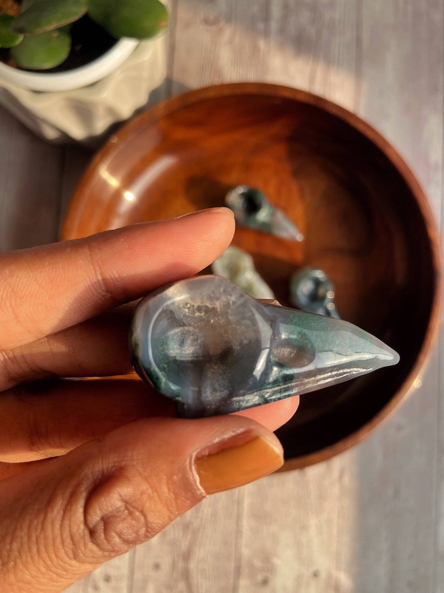 Moss Agate Raven Skull Carving Crystal & Stones