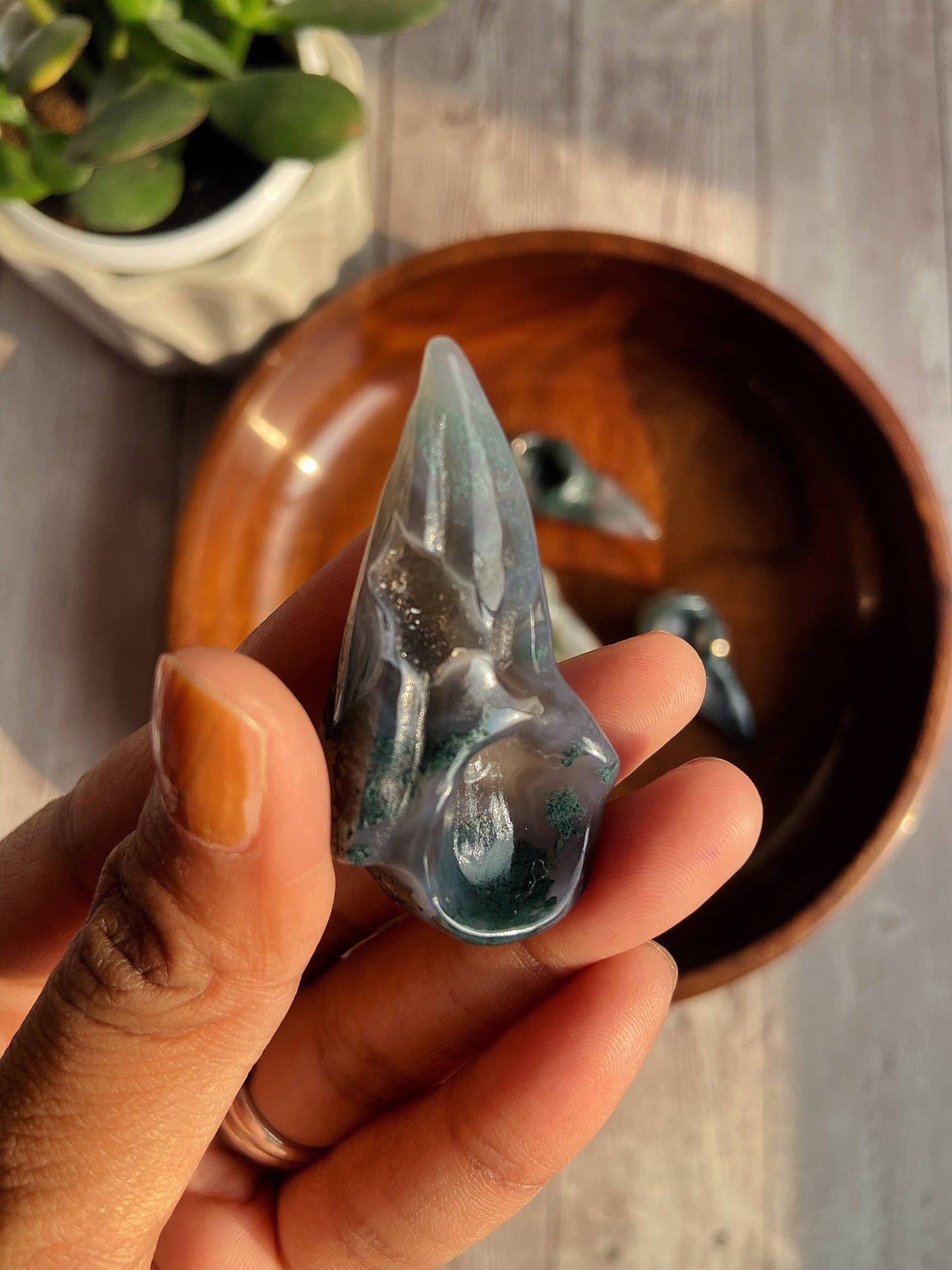 Moss Agate Raven Skull Carving Crystal & Stones