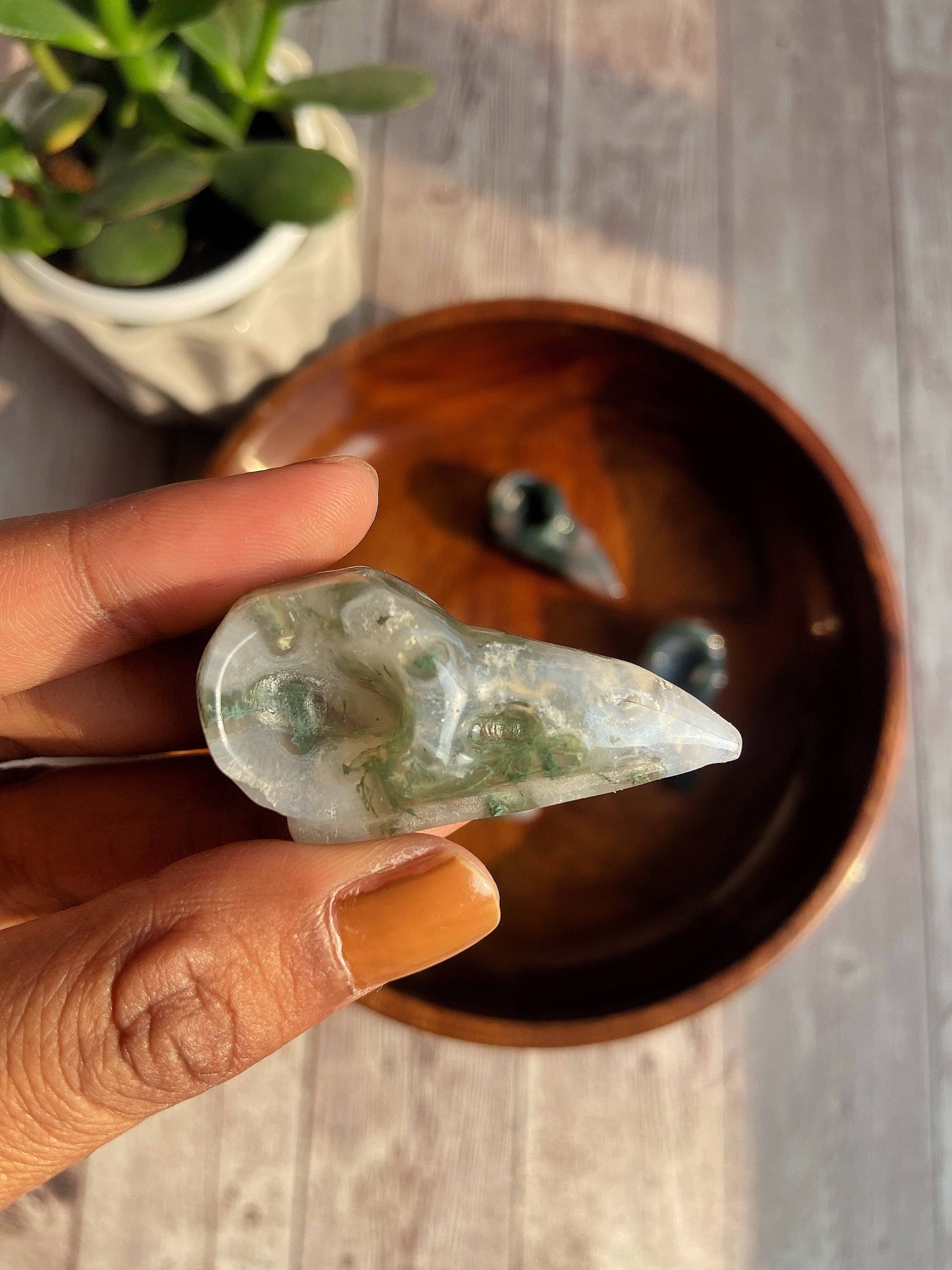Moss Agate Raven Skull Carving Crystal & Stones